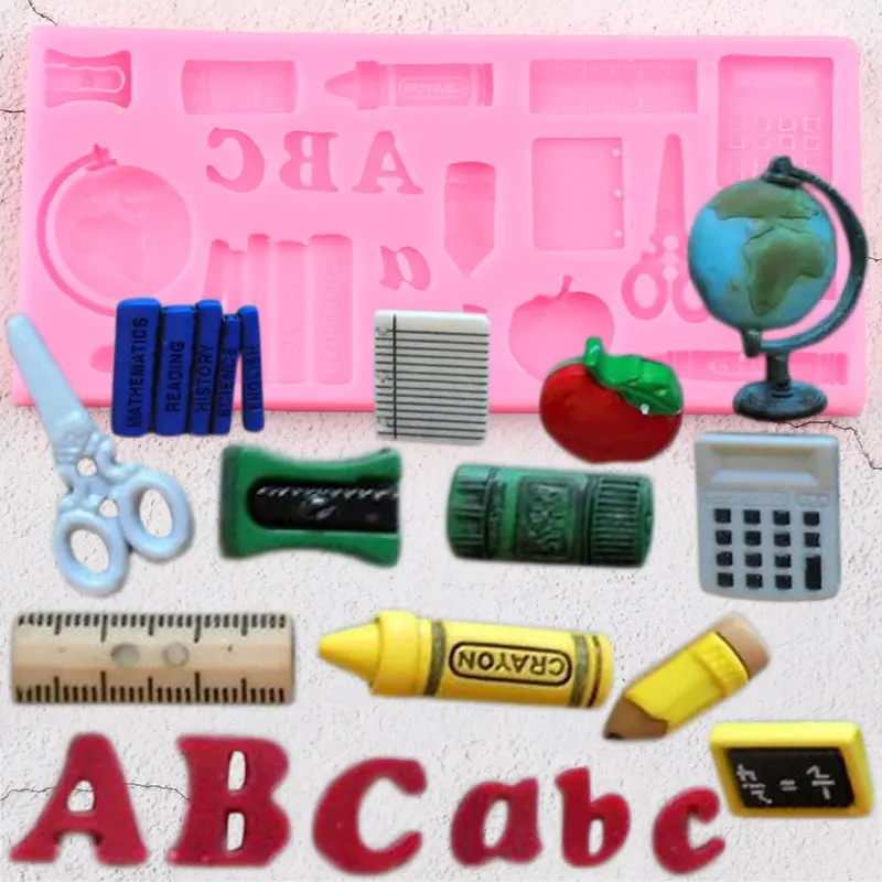 

School Silicone Molds Globe Study Book Scissor Pen Fondant DIY Cake Decorating Tools Candy Fimo Clay Chocolate Gumpaste Moulds