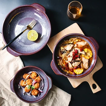 

Soup Plate Cooking Pot Disk Bowl Porcelain Salad Tray Starry Purple Bin-aura Charming Plates Double Ear Western Kitchenware 1pcs