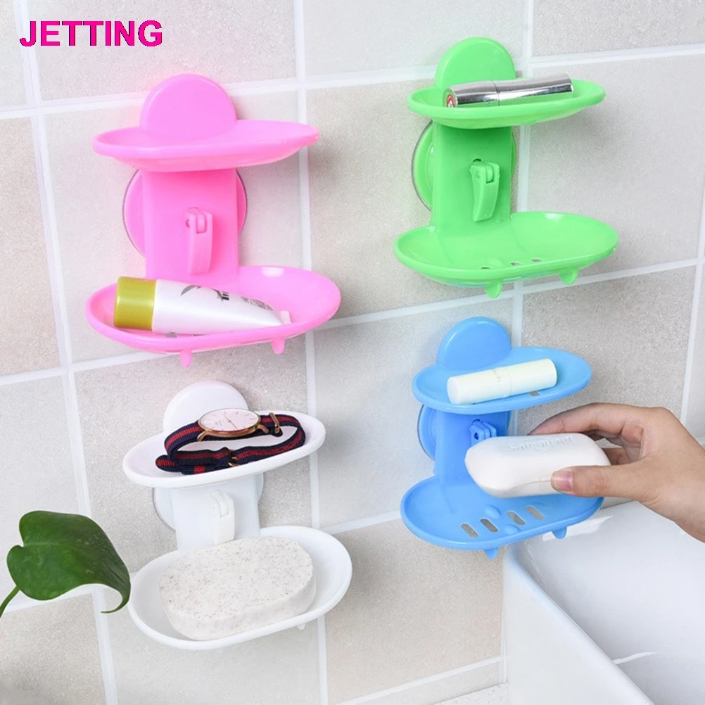 

1PCS Hot Selling Bathroom Double Layers Strong Sucker Soapbox Soap Draining Holder Soap Dish 6 Colors