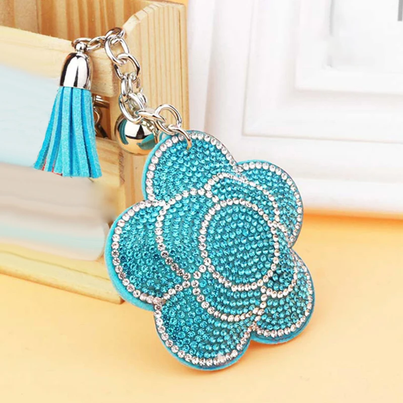 Valentine's Day Flower Keychain Tassel Leather Crystal Trinket Key Chain For Holder Purse Car Bag Pendant Handbag Ring Keychains