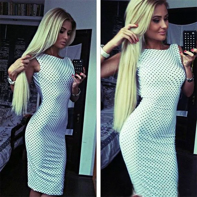Women Summer  New Fashion O-Neck Polka Dot Dress body shapper Sexy Wedding  Sleeveless slim  Halter Pencil Dress#4M08 (1)