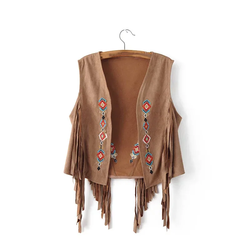 Women Suede Sleeveless Vest Summer Embroidery Waistcoat Fringe Vests Ladies Floral Jacket