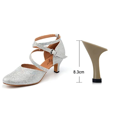 Ladingwu/Новинка; блестящая ткань; блестящие стразы; Обувь для бальных танцев; обувь для соревнований; женская обувь для латинских танцев - Цвет: Silver 8.3cm