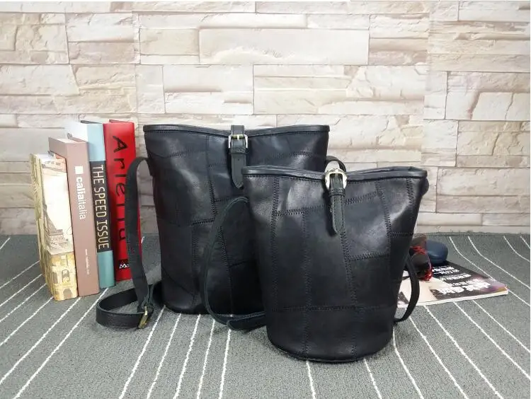 ФОТО Genuine leather sheepskin patchwork women's bucket bag exported casual black shoulder bag female trend handbag 