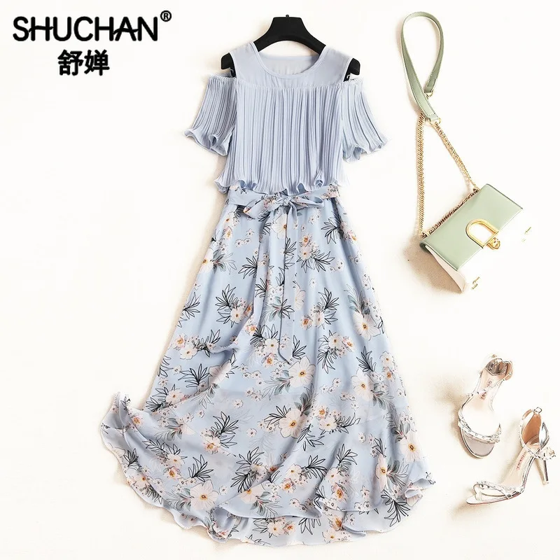 

Shuchan Beach Style Chiffon Off The Shoulder summer dresses 2019 for women high quality midi dress print Ruffles O-Neck 11647