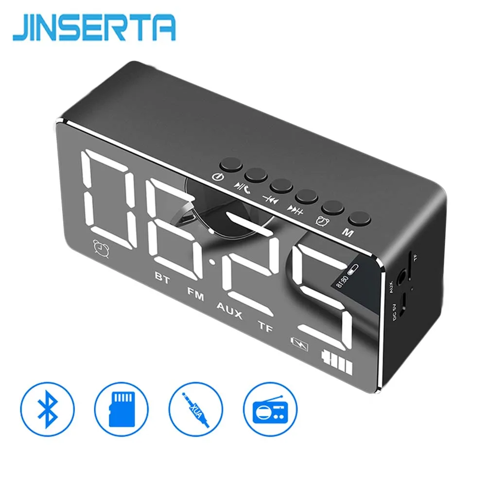 

JINSERTA Portable FM Radio with Alarm Clock LED Light Mirror Smart Bluetooth Speaker Portable Music Player Built-in TF Card Slot