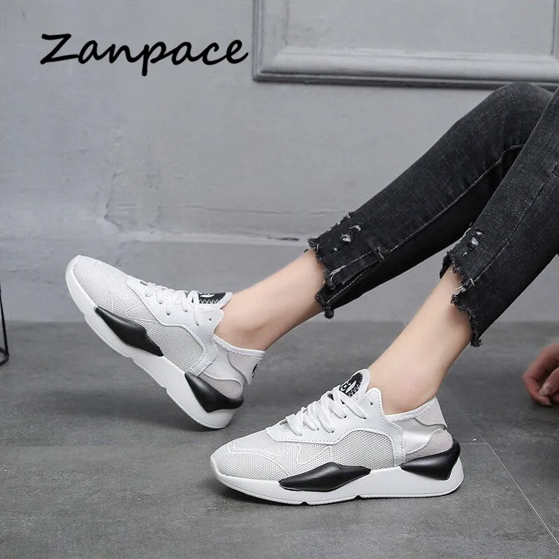 

ZANPACE Mesh Breathable Women Sneakers 2019 Casual Lace-Up Low Off White Shoes Women Black Soft Bottom Women's Vulcanize Shoes