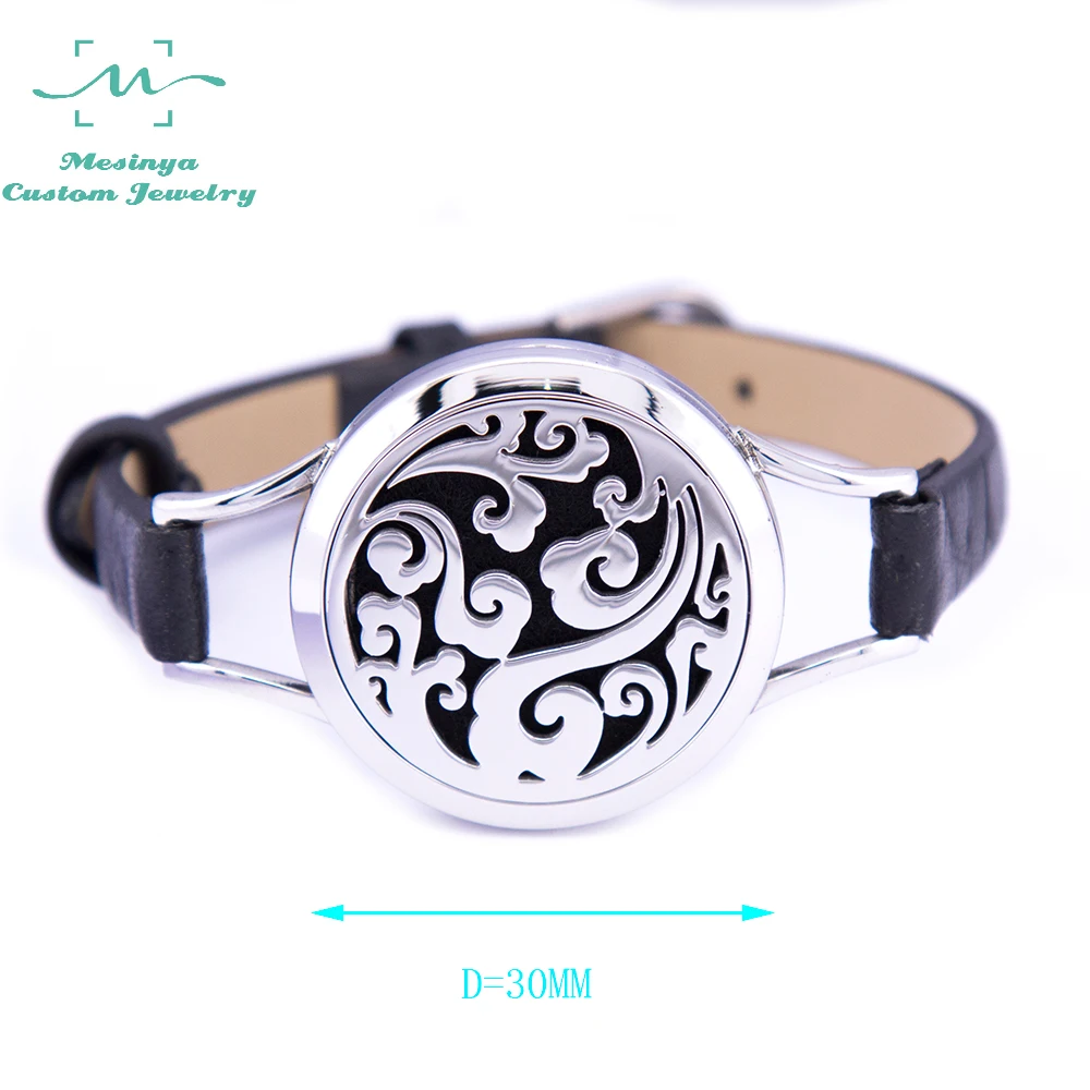 1piece Genuine Leather 30mm Ocean Swirl Aromatherapy 316L S steel Essential Oils Diffuser Locket Bangle Bracelet