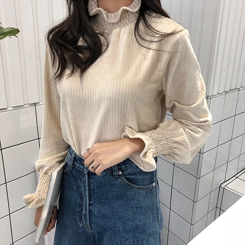 Prix Col roulé Ruches Plissée Manches Femmes Blouses Shirt Élégant Solides Manches Longues T shirts femme casual tops chemise 2018