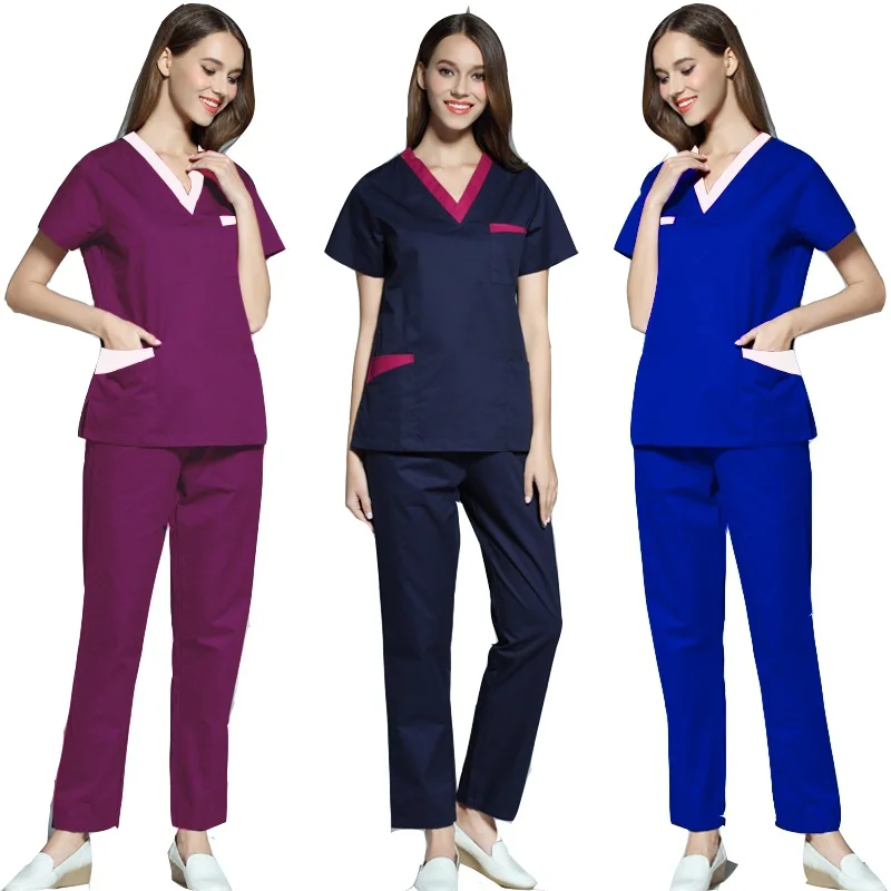 

[SET] Women's Fashion Scrubs Set V Neck Contrasting Color Design Top + Pants