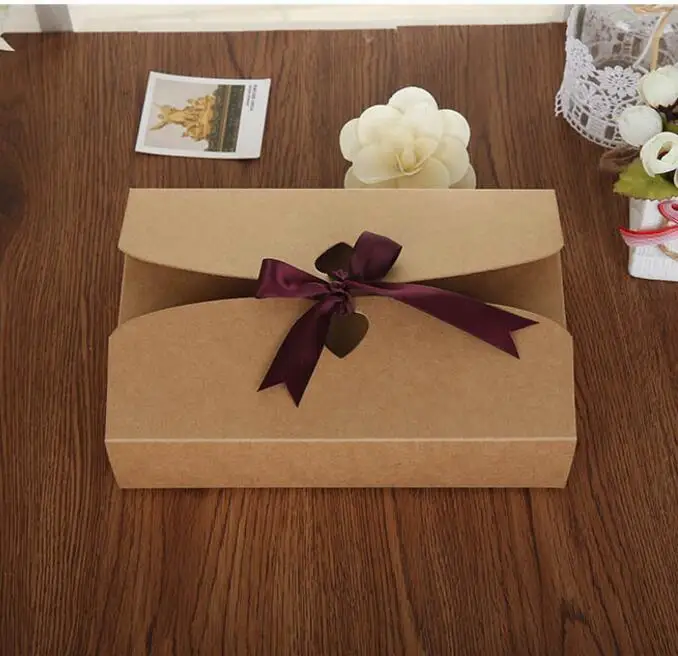 

21.5*14*5cm Large Kraft Gift paper Box Cosmetic Bottle Scarf clothing Packaging Brown Paper gift cardboard Box with ribbon