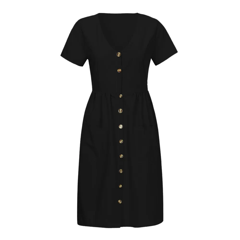 Womens Party Dress Holiday Summer Dress Women Beach Solid short Sleeve Buttons Party Dress
