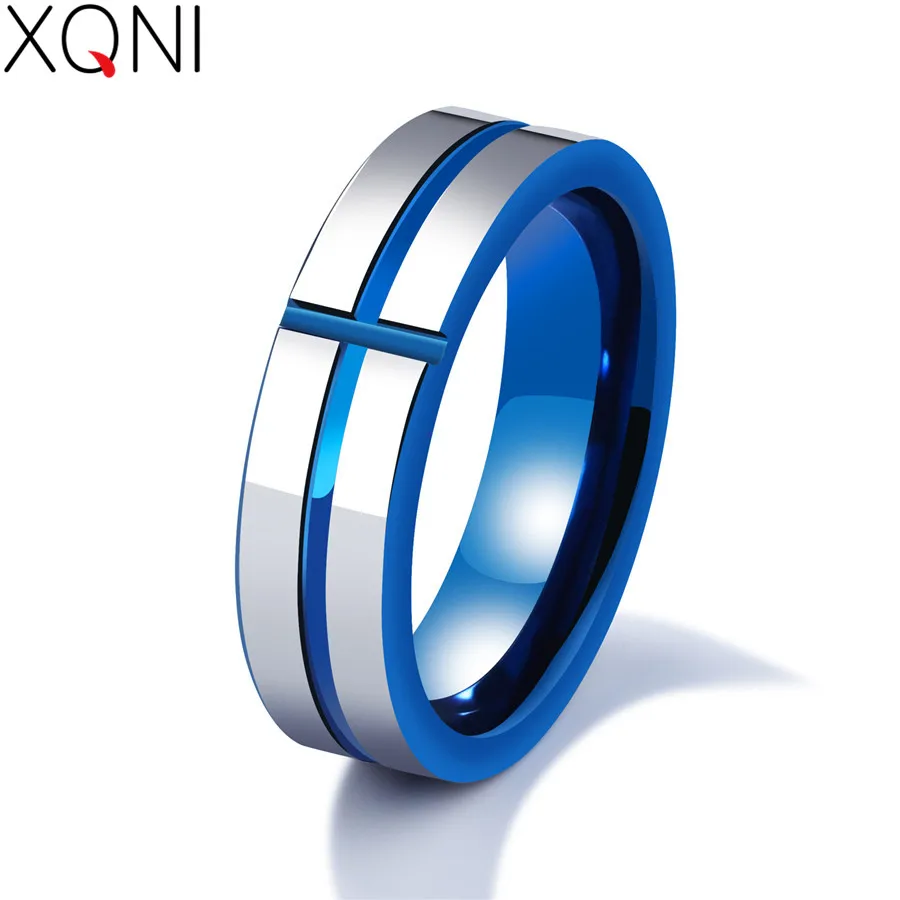

XQNI New Arrival Tungsten steel Ring For Men Cross Smooth Design Blue Color 6MM Stylish Jewelry For Birthday Party Gift