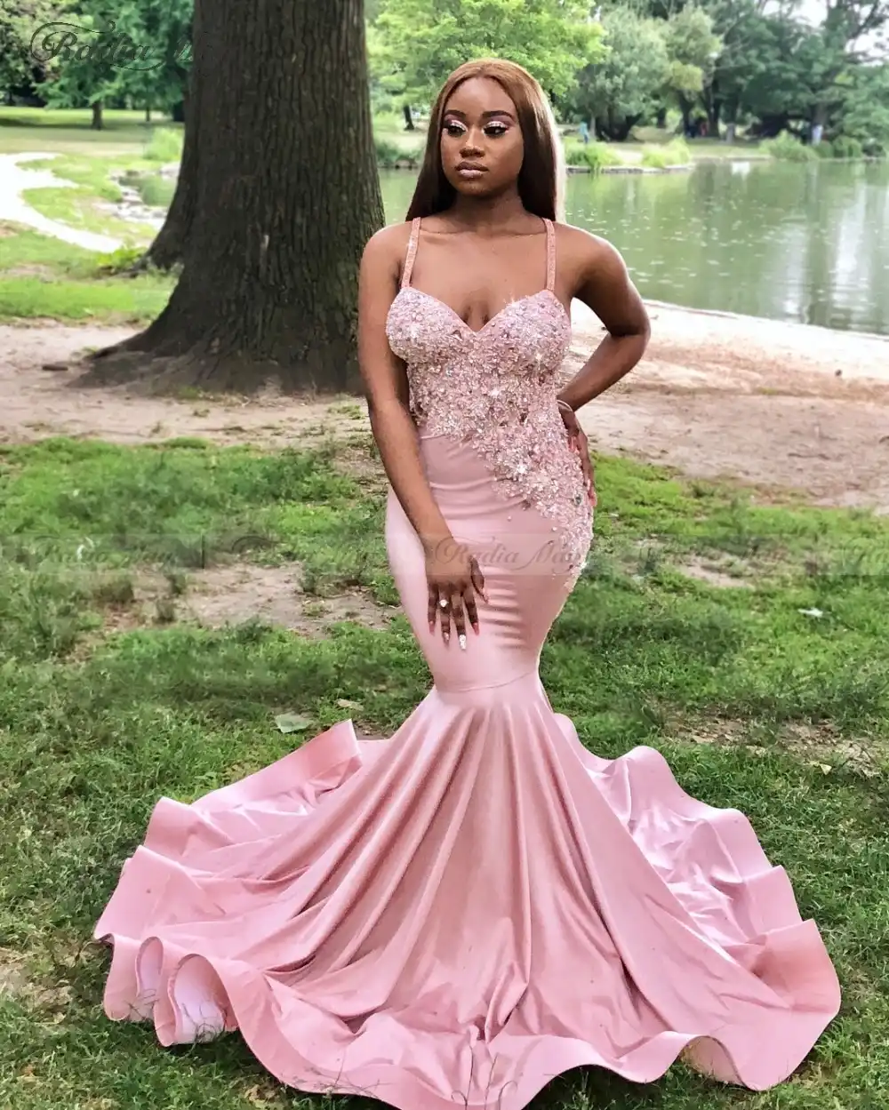 Sexy Mermaid Dusty Pink Black Girls Prom Dresses 2020 Long Train