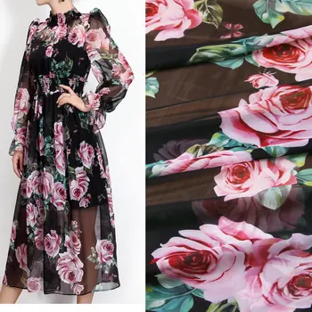 

black color rose printed thin chiffon fabric,soft chiffon tissu DIY clothing for dress, beach dress chiffon tissu au metre