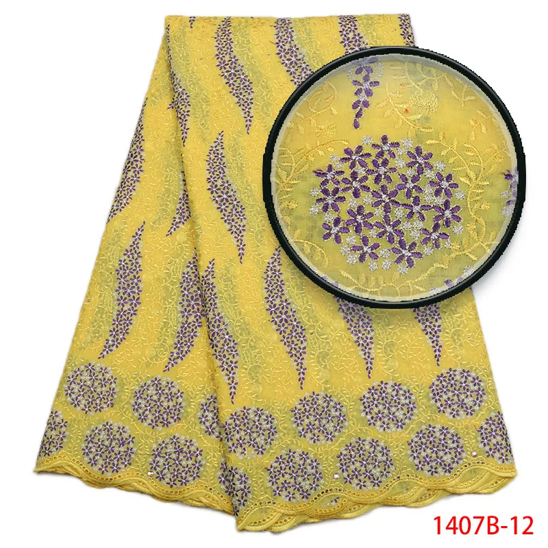 

High Quality African Lace Fabric Swiss Voile Lace in Switzerland Cotton Lace with Rhinestones for Nigerian Dresses APW1407B