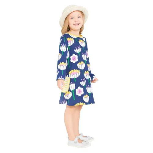 Платья для детей возрастом от 3 до 12 лет новая модная одежда для маленьких девочек с цветочным принтом и карманами, осенне-весеннее детское платье с длинными рукавами, Лидер продаж - Цвет: T1738015 navy