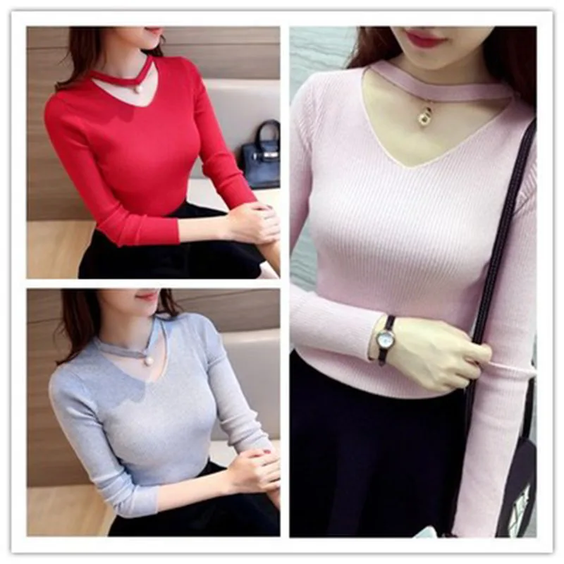 

Autumn Sweater Female Korean High Street Solid Sexy V-neck Women's Bottoming Shirt Slim Elastic Casual Sports Sweater Female