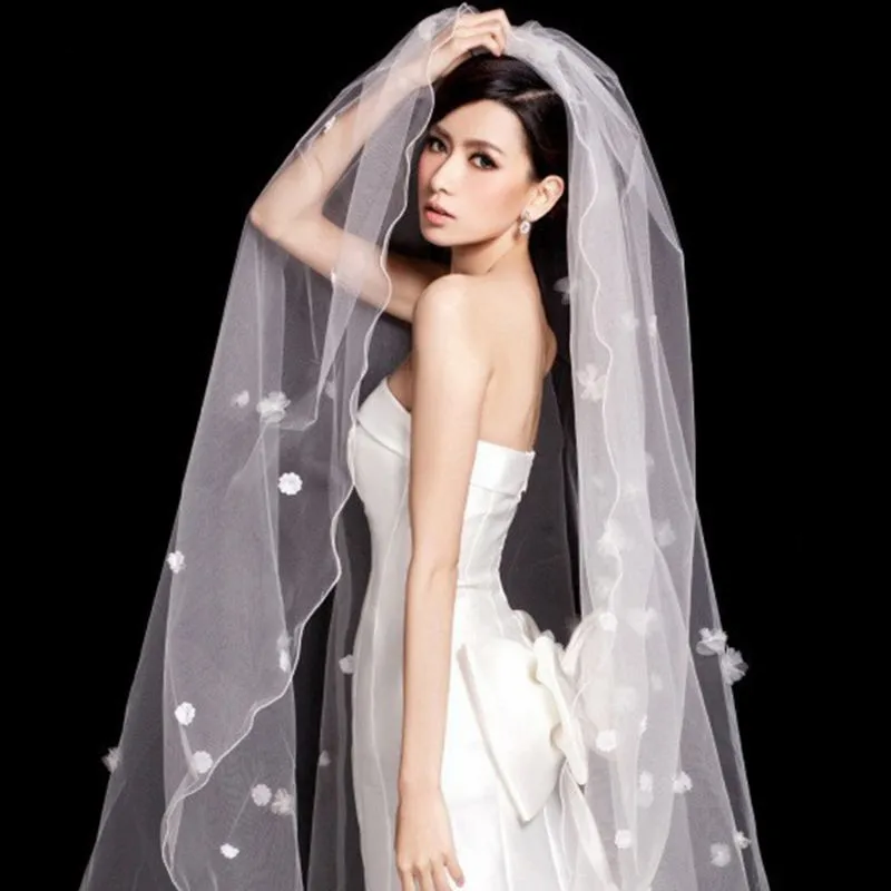 

BOAKO Flower Appliques Voile Mariage White Ivory Cathedral Wedding Veil Long Bridal Veils Beads One Layer Bride Veil Accessoreis