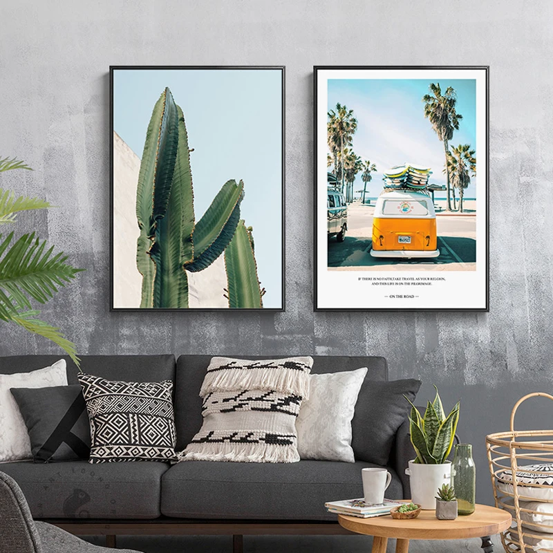 

HD American Style Summer Journey Beach Bus Cactus Canvas Painting Posters And Print Home Decor Wall Art For Living Room Bedroom