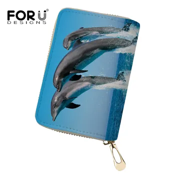 

FORUDESIGN Blue Dolphin Printing Women Leather Business Cards Holder Credit Card Cover Bags Prevent Card Organizer for Ladies