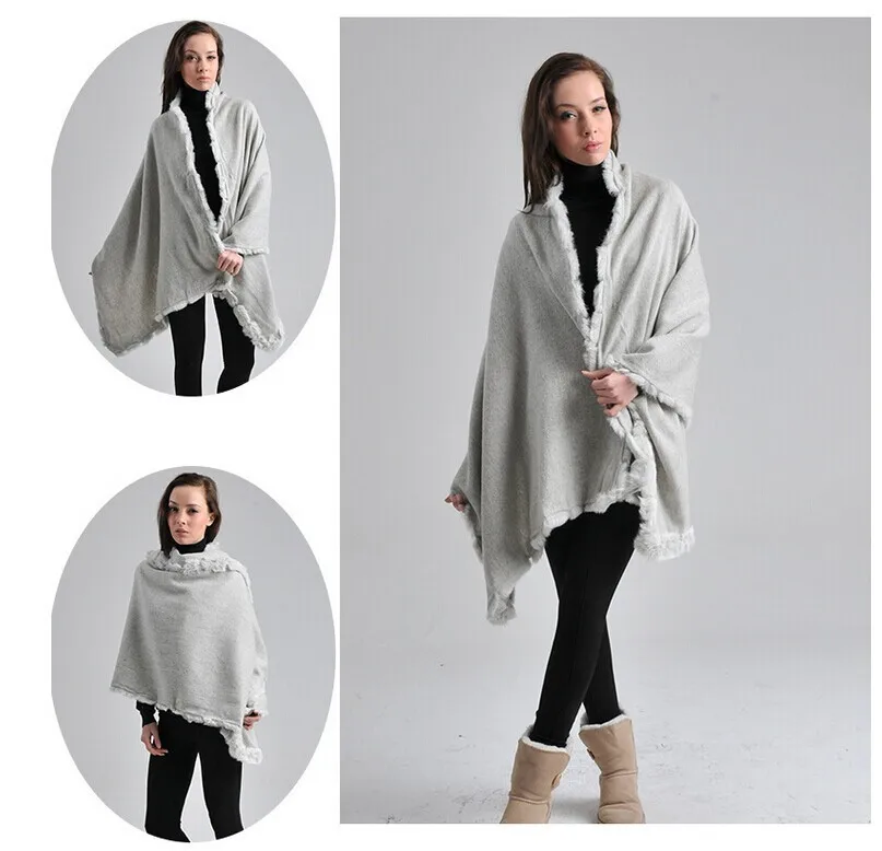 Темно-серый шарф из шерсти с кроличьим мехом, шали, корейский стиль, женская модная накидка, винтажная шаль, пончо 180*70 см 011605