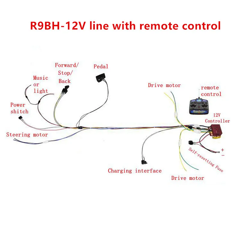 Детский Электрический Автомобиль DIY модифицированные провода и переключатель комплект, с 2,4G Bluetooth 12 В пульт дистанционного управления самодельная Детская электрическая машина - Цвет: R9BH-12V Full set