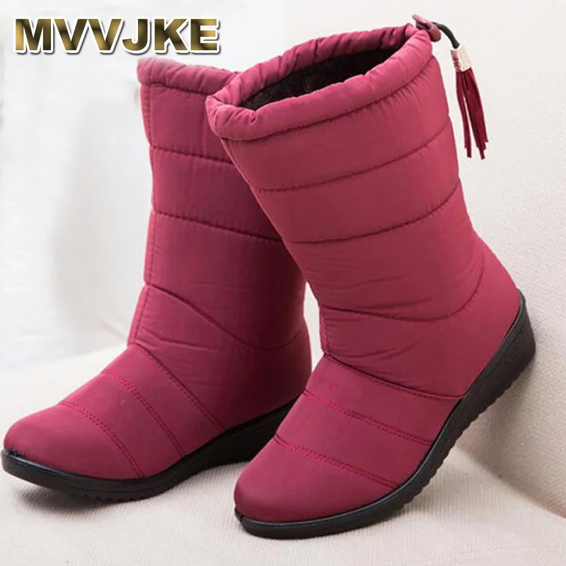 Meilleur MVVJKE Femmes Bottes noir rouge Mi mollet Bottes D équitation Russie Hiver Étanche Garder Au Chaud Bottes de Neige Vers Le Bas Chaussures