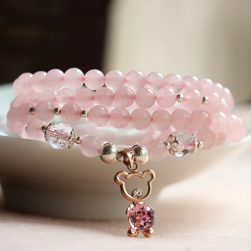 

Pink Crystal Furong Stone Bracelet Natural Pink Crystal with 925 Silver Animal Pendant Female Hand String Joker Sweater Chain