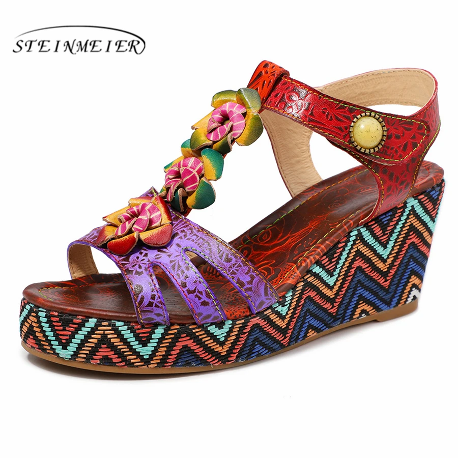 

Women Genuine Leather shoes Hollow Soft Sandals Retro Flowers Pattern Spring New Ladies High Heel Shoes red 2019 summer