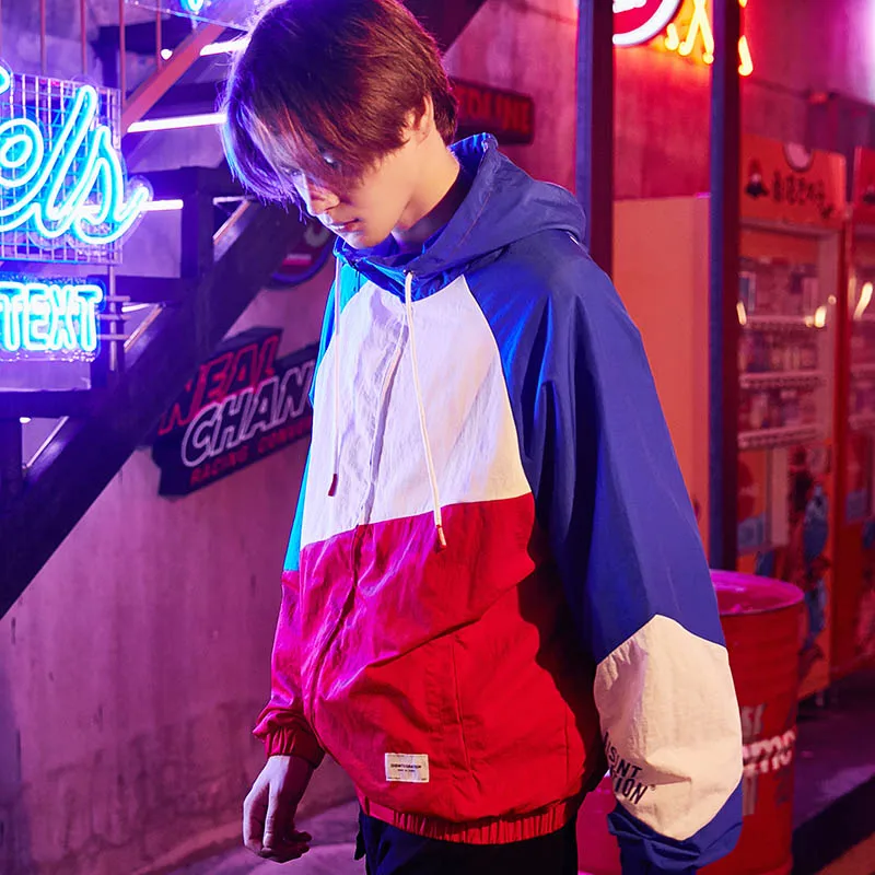 Harajuku Windbreaker Hooded Jacket Men Hip Hop Streetwear Hoodie Jacket Coat Color Block Autumn 2018 Casual Track Jacket Zipper