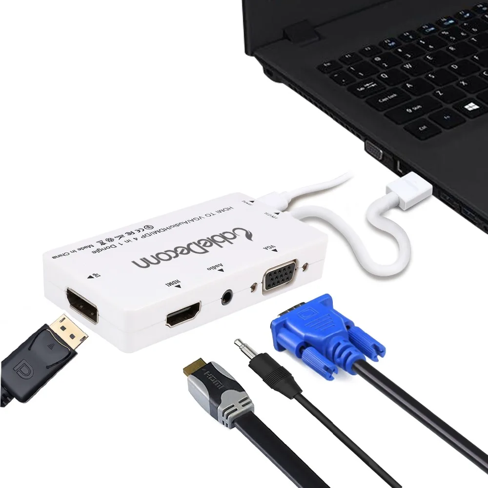CableDeconn 4in1 HDMI to HDMI VGA DisplayPort DP Audio With Micro USB Converter Adapter Cable for