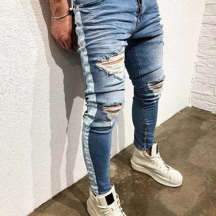 Новые мужские джинсы с рваными дырами, синие мужские джинсы с боковой полоской на молнии в стиле хип-хоп, обтягивающие байкерские джинсы