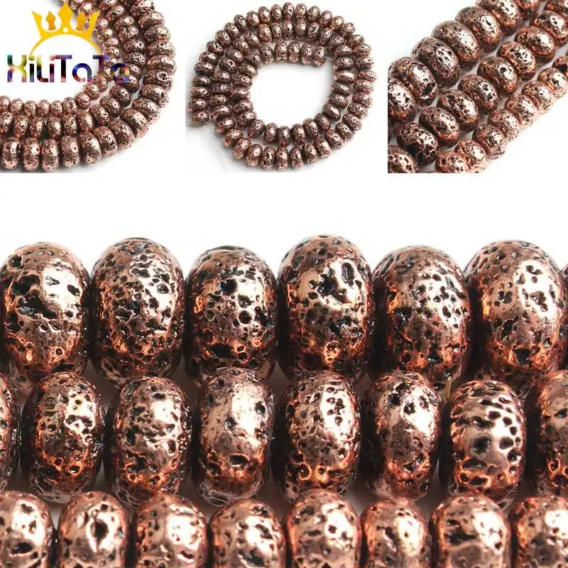 

Natural Red Copper Flat Lava Stone Beads Round Rondell Loose Spacer Bead 15''6/8/10mm For Jewelry Making DIY Bracelet Necklace
