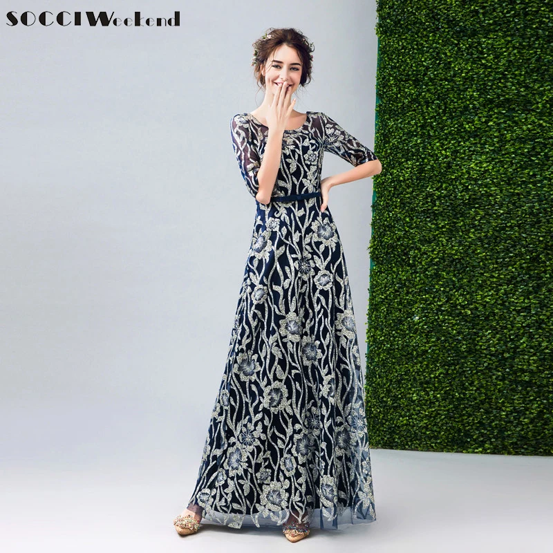 

SOCCI Long Evening Dresses 2017 Half Sleeve Sequined Flowers Pattern Formal Wedding Party Gown mother of Bridal Dress Homecoming