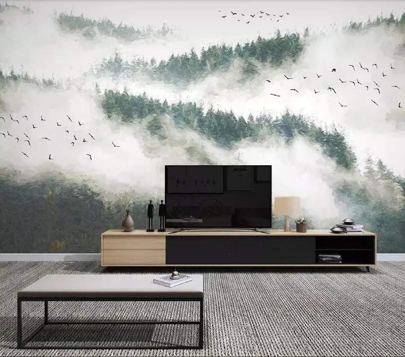Beibehang на заказ 3d обои ручная роспись сосновый лес облака птицы туман задний план стены украшения дома фон 3d обои