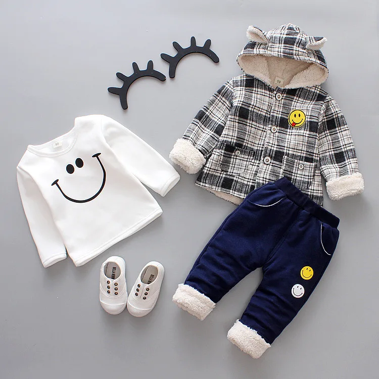 

Baby Warm Winter Clothes Set Lattice Smiling Face Thickening Pure Cotton Tops+pants2pcs Toddler Boys Outfits
