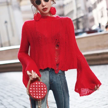 

Red Hollow out Sweaters Women 2019 Autumn Casual Thin Short Knit Tops Female High Street Chic Jumpers Koran Style SA175S50