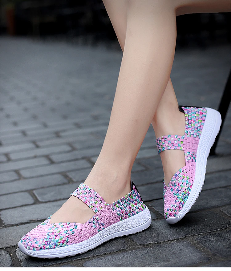 Womens Shoes Summer Sneakers Breathable Casual Flats Female Woven Shoes Slip On Ladies Loafers Handmade Sneakers Big Size 42