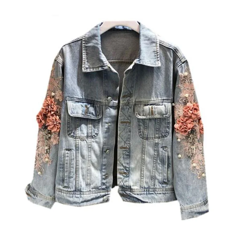 

Autumn Femeal Jean Coat Vintage Harajuku Coat Female loose Streetwear Embroidery three-dimensional Denim Jacket For Women