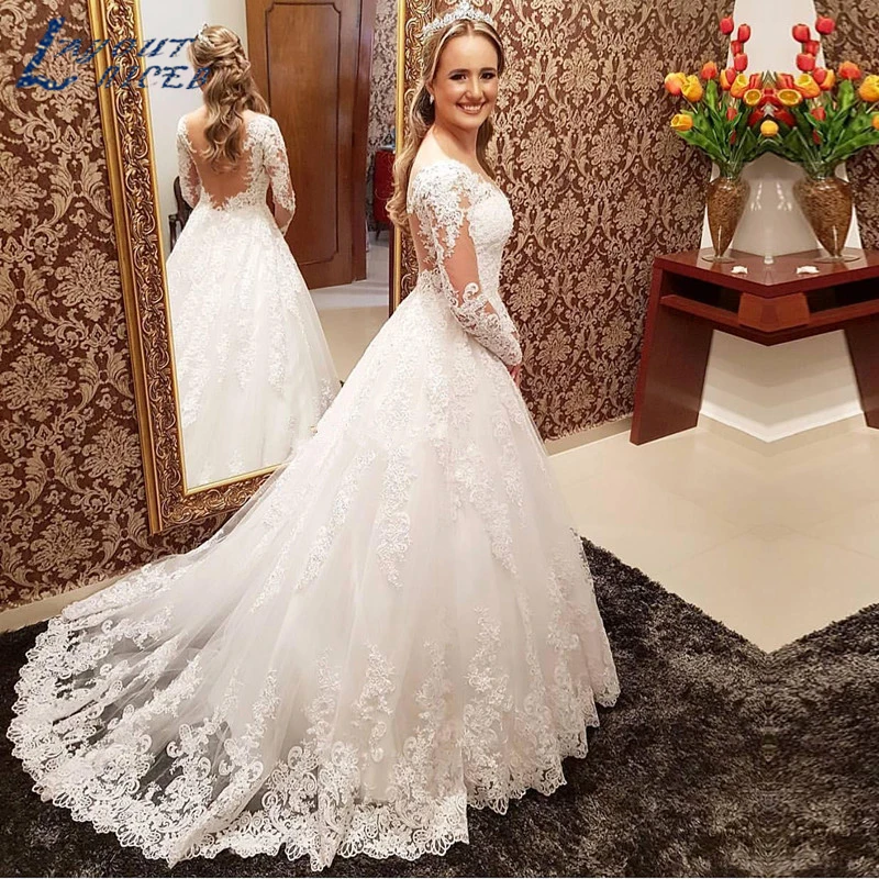 Кружевное белое свадебное платье с длинным рукавом YQS036 новинка 2019 кружевное