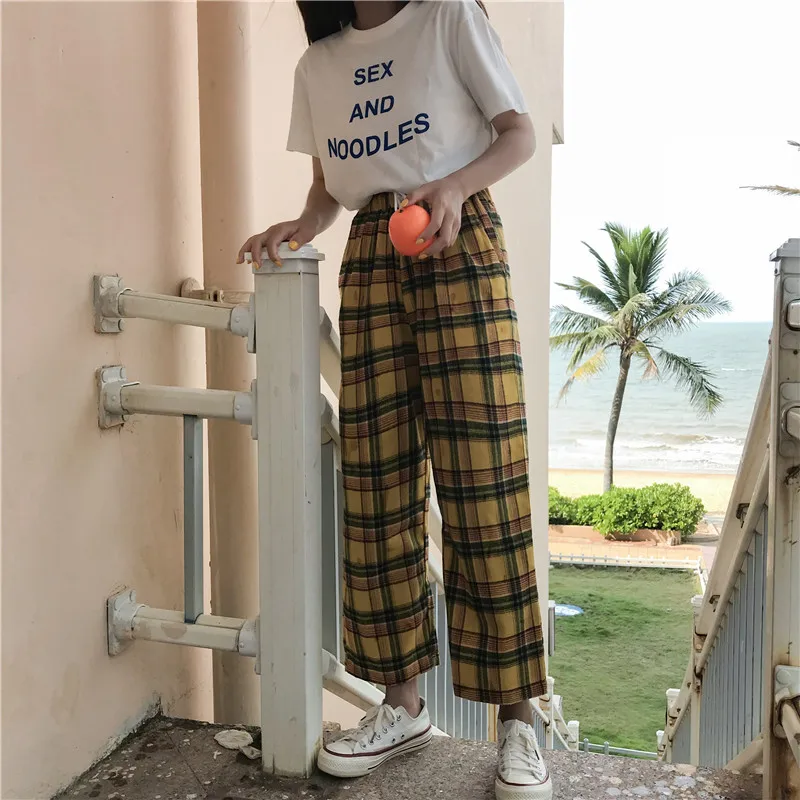 2019 New Hot Selling Wild Loose Wide Leg Pants Casual Pants Summer Foundation Women Ankle-Length Pants Drawstring Plaid 2019 New Hot Selling Wild Loose Wide Leg Pants Casual Pants Summer Foundation Women Ankle-Length Pants Drawstring Plaid
