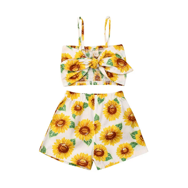 

2019 New Newborn Toddler Kids Baby Girl Summer Casual Sunflower Bow Sling T-shirt Tops Floral Short Pants 2PCS Outifts 0-5Years