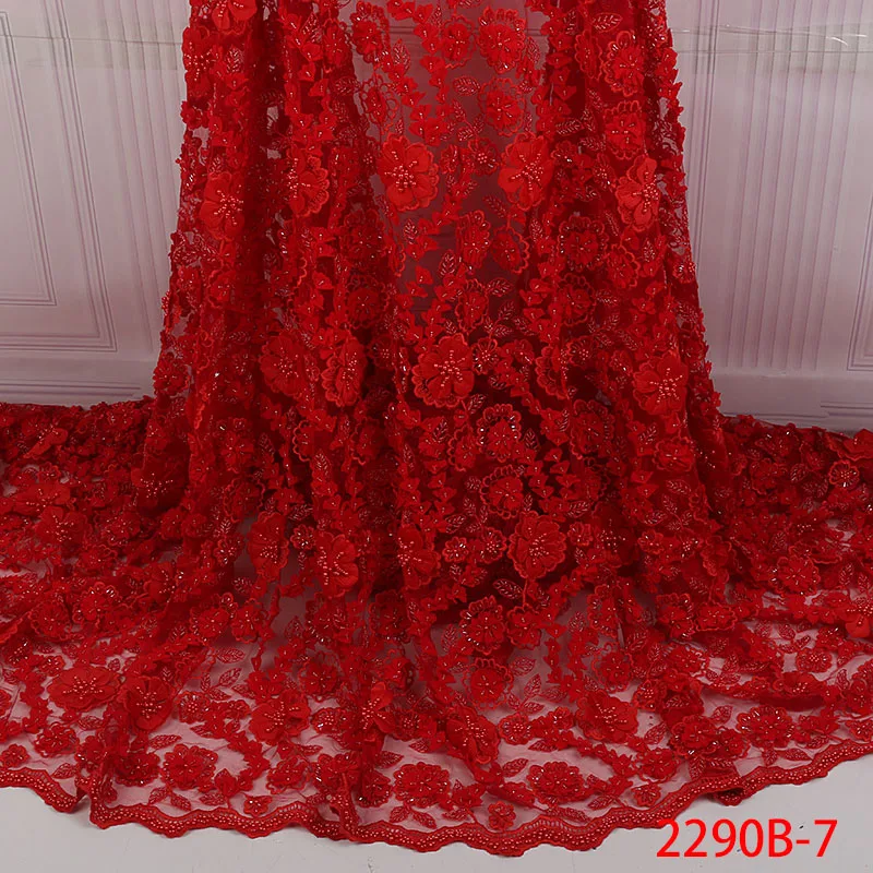 

2018 Latest Fashion French Laces Fabrics High Quality African Red 3d Flowers Lace Fabric With Handmake Beads Material XZ2290B-2