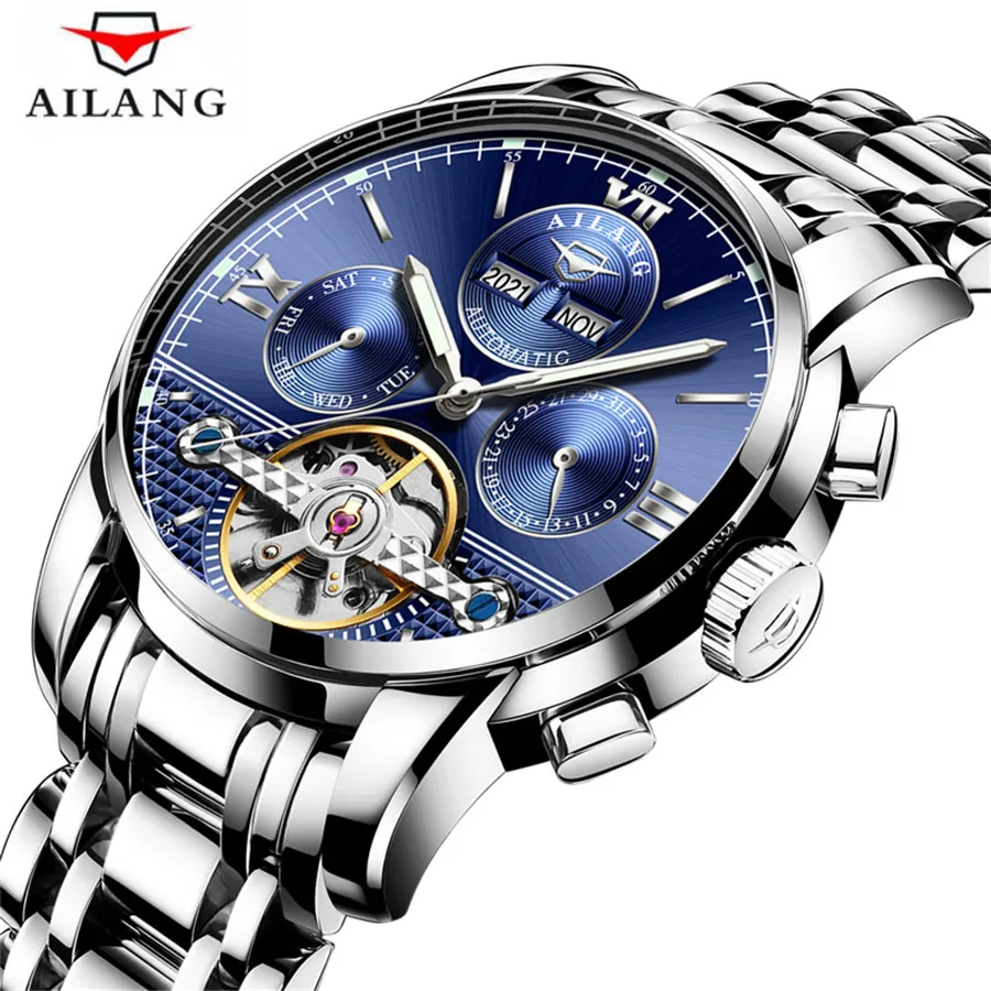AILANG Мужские механические часы automatic Tourbillon наручные часы бизнес кожа месяц календарь Reloj спортивные часы Montre Homme - Цвет: steel blue silver