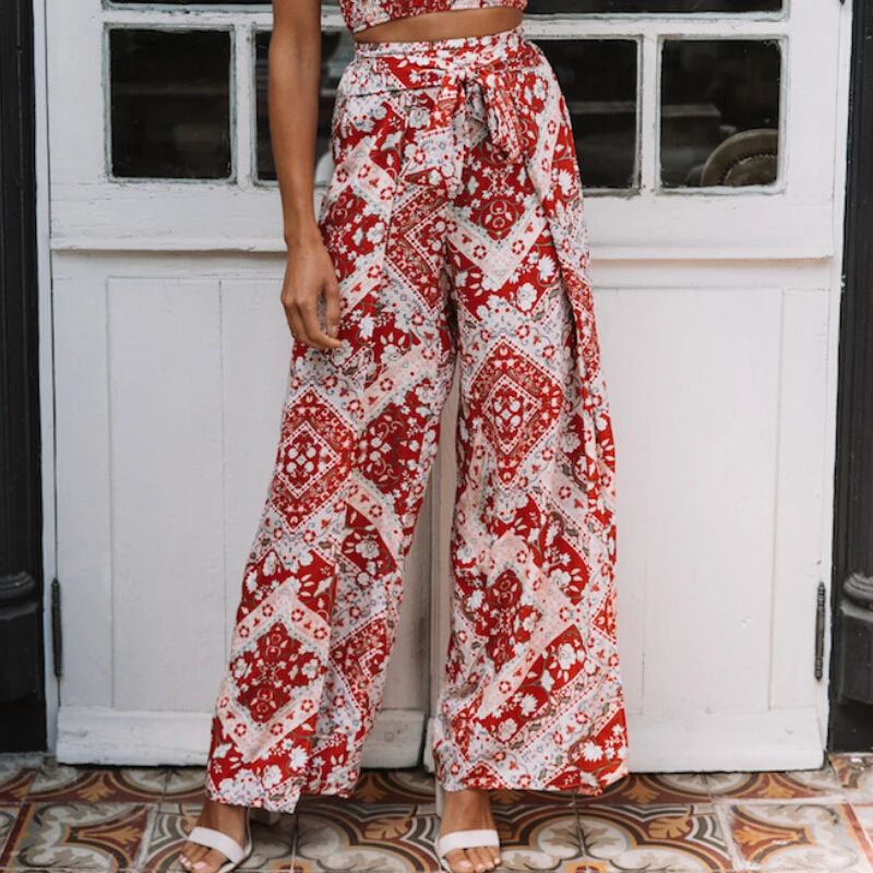 Pantalones de pierna ancha de playa para mujer Pantalones anchos de pierna ancha con estampado Floral para mujer|Pantalones y pantalones - AliExpress