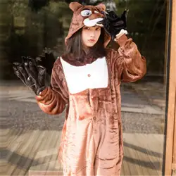 2019 зимние Фланелевые животных коричневый медведь комплект Onesie пижамы комбинезон косплэй боди костюм на Хэллоуин для женщин мужчин
