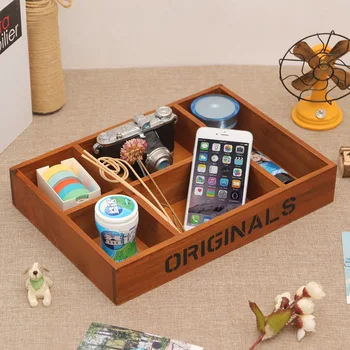 

Vintage Wooden Five-grids Cosmetics Storage Box Jewelry Organizer Home Debris Container Desktop Phone Remote Control Holder
