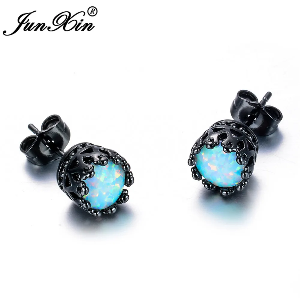 

JUNXIN Small Round White/Blue/Pink/Purple Earrings Fashion Female Ladies Opal Stud Earrings Black Wedding Earrings For Women