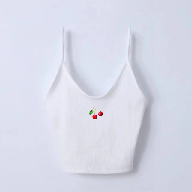 Summer Women Cherry Printing Tank Top For Short Tops Woman Sexy Slim Sleeveless Tie Front Ribbed Crop Tank Top Tees